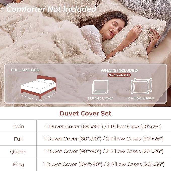 Sasttie 3-Piece Fluffy Duvet Cover Full, Ultra Soft Faux Fur and Velvet Beige Comforter Cover, Luxury Fuzzy Bedding Sets for Winter Bed, Includes 1 Duvet Cover and 2 Pillowcases, No Comforter