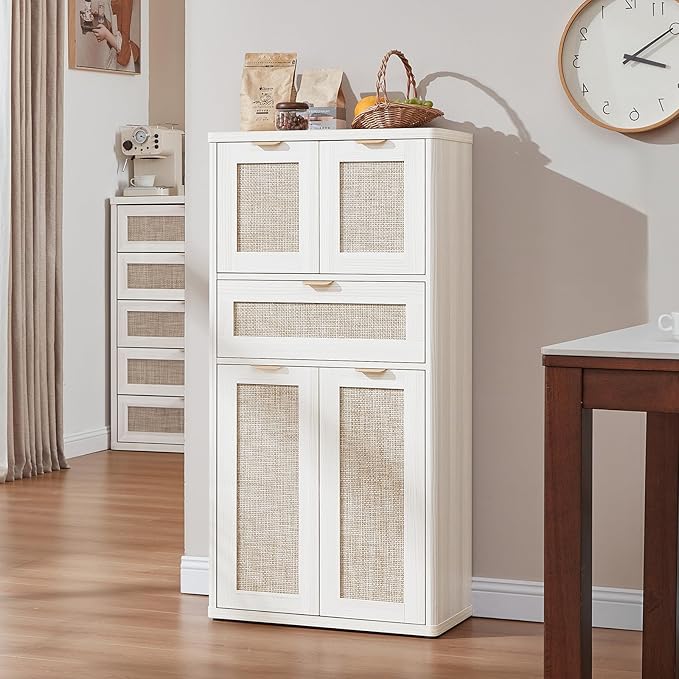LEYAOYAO 48" Tall Storage Cabinet Set of 2,Rattan Bathroom Floor Cabinets with 2 Doors & 1Drawer,Boho Kitchen Pantry with Adjustable Shelves,Wooden Cupboard for Living Room,Home Office,White Cream Oak