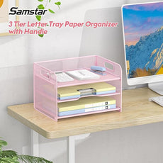 Samstar 3 Tier Pink Letter Tray Paper Organizer with Handle, Mesh Desk Organizer Paper Sorter File Rack Shelves, Pink