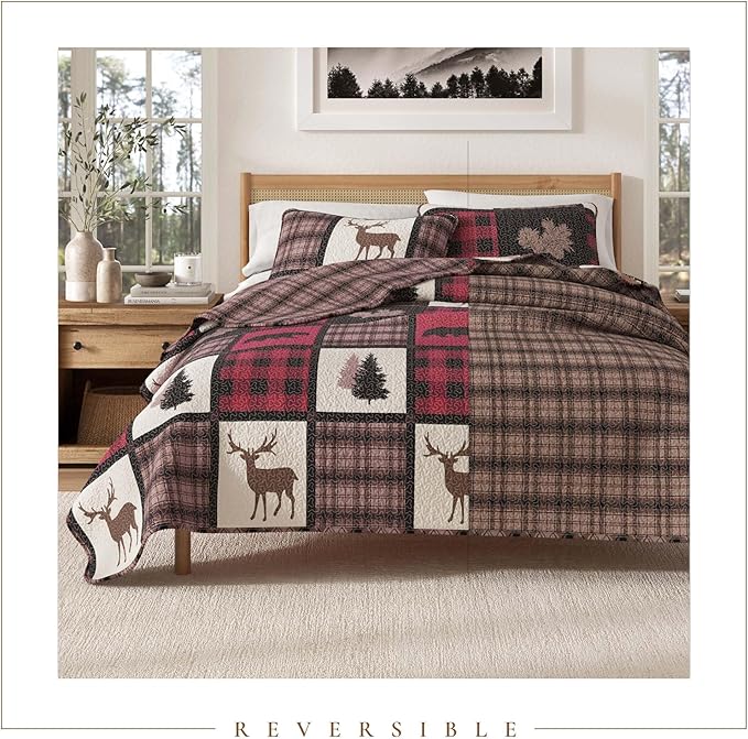 Great Bay Home Lodge Bedspread Full/Queen Size Quilt with 2 Shams. Cabin 3-Piece Reversible All Season Quilt Set. Rustic Quilt Coverlet Bed Set. Stonehurst Collection. (Red/Black)