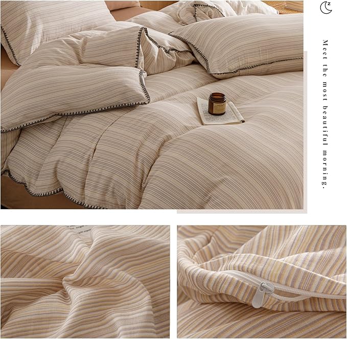 VM VOUGEMARKET 100% Linen Cotton Duvet Cover Set Queen 3pcs Yarn Dyed Vertical Pinstripe Ticking Pattern Breathable Farmhouse Bedding Set - Purple Yellow Stripe, Queen Size