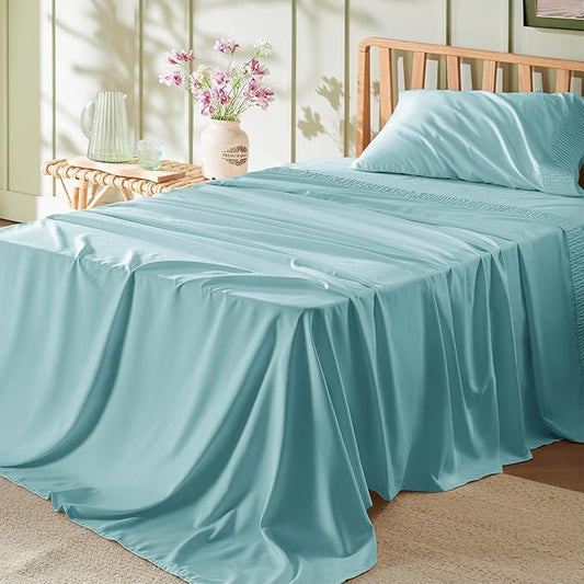 Bedsure Twin Sheets Set - 3 Pieces Soft Twin Bed Sheets - Breathable & Cooling - Hotel Luxury - Easy Care Polyester Microfiber Bedding for Women, Men, Spa Blue