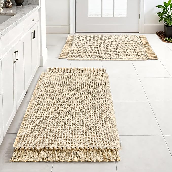 H.VERSAILTEX Waffle Bath Mat Super Absorbent Boho Bath Mat Non Slip Bath Rugs for Bathroom Floor Machine Washable Dry Fast Bathroom Rugs with Tassels (20 x 32 Plus 17 x 24 Inches, Sand)