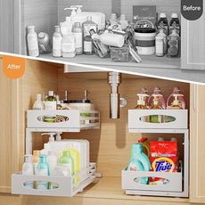 Under Sink Organizer, 2 Tier Under Sink Organizers and Storage, Adjustable Height, Slide Out Metal Cabinet Organizers, Pull Out Cabinet Storage Drawer Shelf for Kitchen Bathroom