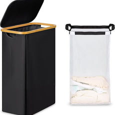 efluky Slim Laundry Basket with Lid, Narrow Laundry Hamper with Removable Bag, Skinny Dirty Clothes Basket with Bamboo Handles for Bathroom, Bedroom & Laundry Room, 65L Black