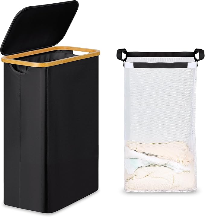 efluky Slim Laundry Basket with Lid, Narrow Laundry Hamper with Removable Bag, Skinny Dirty Clothes Basket with Bamboo Handles for Bathroom, Bedroom & Laundry Room, 65L Black