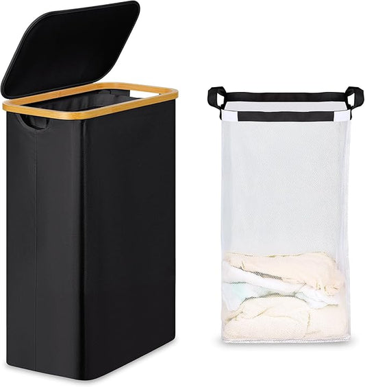 efluky Slim Laundry Basket with Lid, Narrow Laundry Hamper with Removable Bag, Skinny Dirty Clothes Basket with Bamboo Handles for Bathroom, Bedroom & Laundry Room, 65L Black