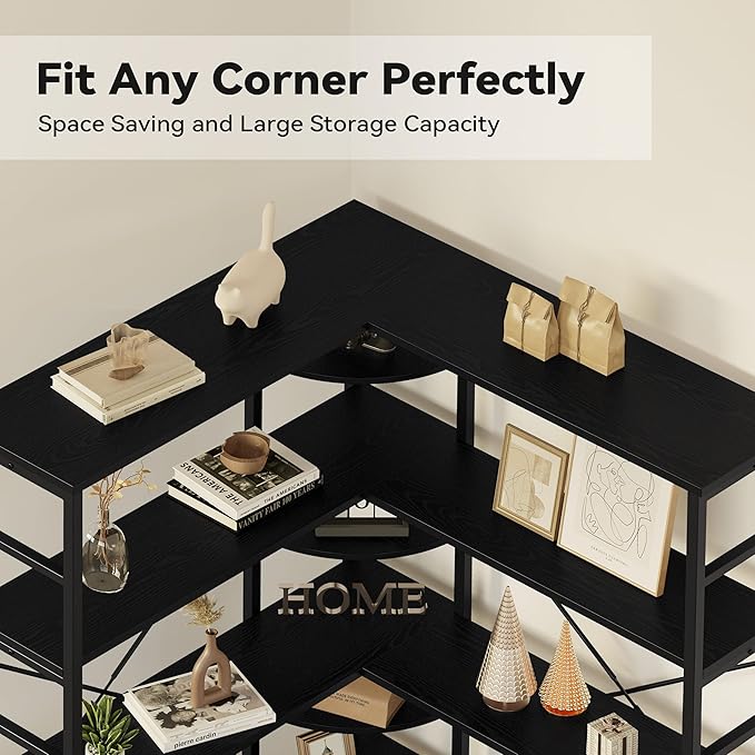 IRONCK Industrial Bookcases and Bookshelves, 5-Tiers Corner Bookcase with Curved Panels, L Shaped Shelf with Metal Frame for Open Storage for Living Room Home Office, Black