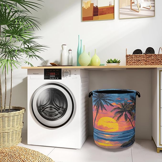 Tropical Palm Tree Laundry Basket,Sunset Beach Oxford Cloth Laundry Hamper with Handle Foldable Portable Clothes Storage Basket for Bathroom Bedroom Dorm Room 16" x 20.8"