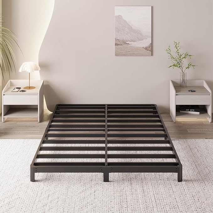 6 Inch Low Profile Queen Bed Frame Rounded Corner No Box Spring Needed, Heavy Duty Metal Queen Size Platform Bed Frame, Easy Assembly, Noise Free, Black