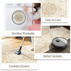 Washable Runner Rug 2'x6',Boho Rug Runners Non Slip,Long Rugs for Hallways Kitchen Bathroom Bedroom Entryway,Vintage Bohemian Distressed Floor Carpet,Beige Gold Floral