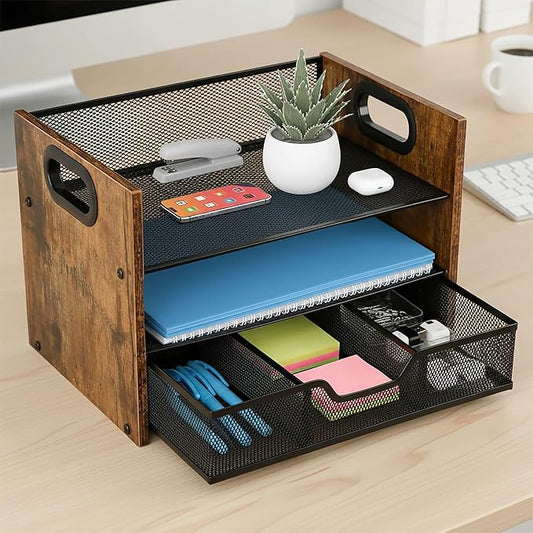 Wood Desk Organizer - 3-Tier Desktop File Organizer with Drawer, Wooden Paper Tray, Office Desk Organzier and Accessories for Papers, Mail, Notebooks, Stationery