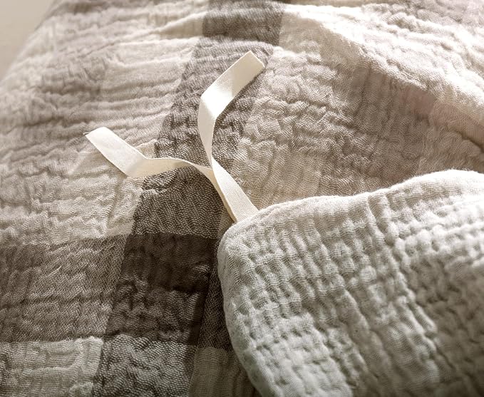 VM VOUGEMARKET King Duvet Cover Set Beige Grey Plaid Bedding Set Soft Breathable 3 Layers Muslin Cotton Linen Like Gauze Comforter Cover with Zipper Closure-3 Pieces,104"x90"