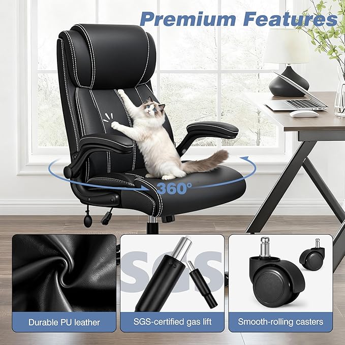 Ergonomic Office Chair - Desk Computer Chair, Leather High Back Executive Chairs with Adjustable Lumbar Support & Flip Up Arms, Rocking, Black