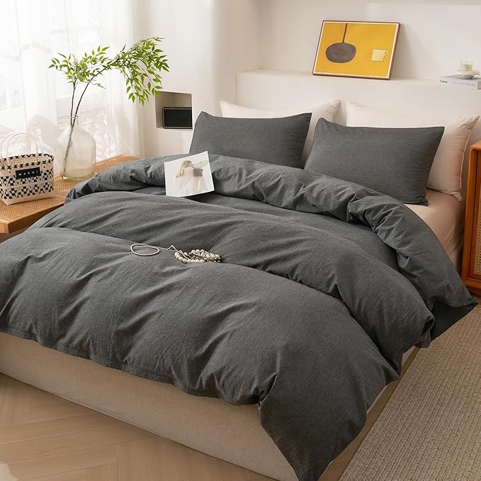 ECOCOTT 100% Washed Cotton Duvet Cover Super King Size – Soft & Breathable Linen Feel Bedding Set, 3 Pieces Grey Comforter Cover with Zipper Closure for All Seasons