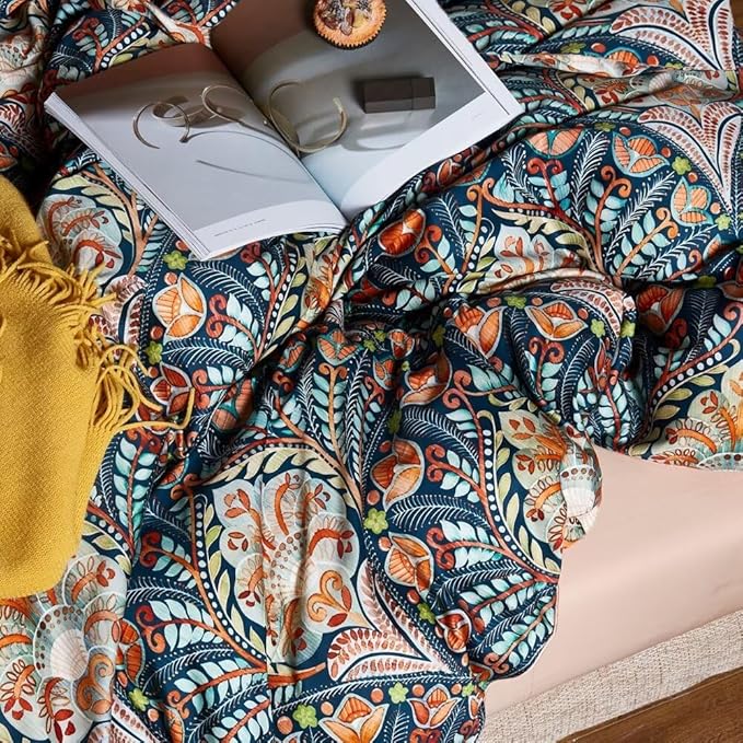 MKXI Blue Comforter Set Queen Pink Paisley Patterned Floral Bedding Comforter Set Boho Bed Quilt Summer Comforter 90"x 90"