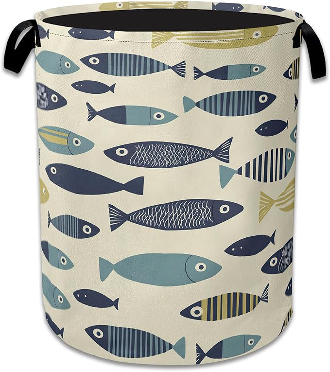 Cute Fish Laundry Basket,Foldable Oxford Cloth Boho Laundry Hamper with Handles, 20.8"x16" Tote Bag Clothes Storage Bucket for Laundry Room/Bathroom/Bedroom/Dormitories