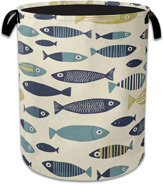 Cute Fish Laundry Basket,Foldable Oxford Cloth Boho Laundry Hamper with Handles, 20.8"x16" Tote Bag Clothes Storage Bucket for Laundry Room/Bathroom/Bedroom/Dormitories