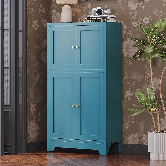 Blue Bathroom Storage Cabinet,Metal Bathroom Cabinet,Navy Blue Storage Cabinets,Bathroom Floor Cabinet with 2 Adjustable Shelves&4 Doors