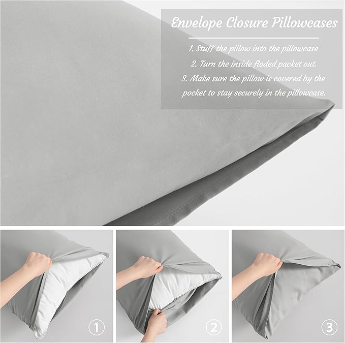 NTBAY Body Pillowcase Set of 2, 20x54 inches, Light Grey, Soft, Wrinkle, Fade Resistant, Envelope Closure, Microfiber, 2 Pieces
