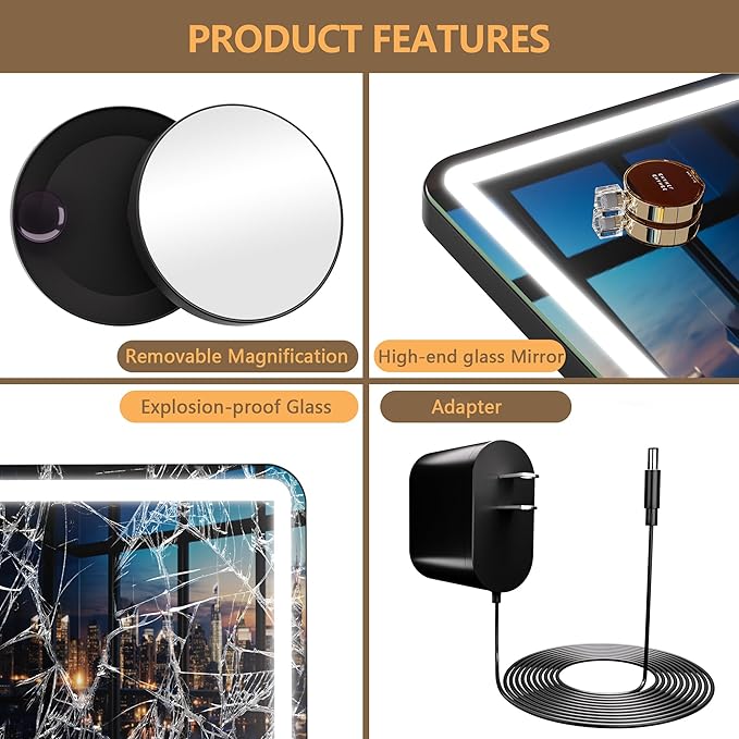 Hasipu Vanity Mirror with Lights, 31.5" x 22" LED Makeup Mirror, Lighted Makeup Mirror with Dimmable 3 Modes, Touch Screen Control Vanity Mirror Round Black