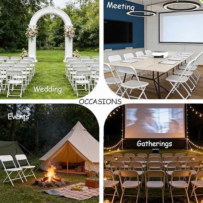 SHGJ&SOFT Set of 12 Folding Chairs, Plastic Seat and Backrest, White Metal Frame Chair, Suitable for Indoor and Outdoor,Capacity 350 lbs (White, 12-Pack)