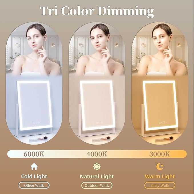 Lighted Vanity Mirror with Lights, Makeup Mirror with Light, 16.7"x 13.2",Three Color Lighting Modes and Dimmable Lighting, Smart Touch Control, 360°Rotation, for Vanity Desk Tabletop,Dressing Room