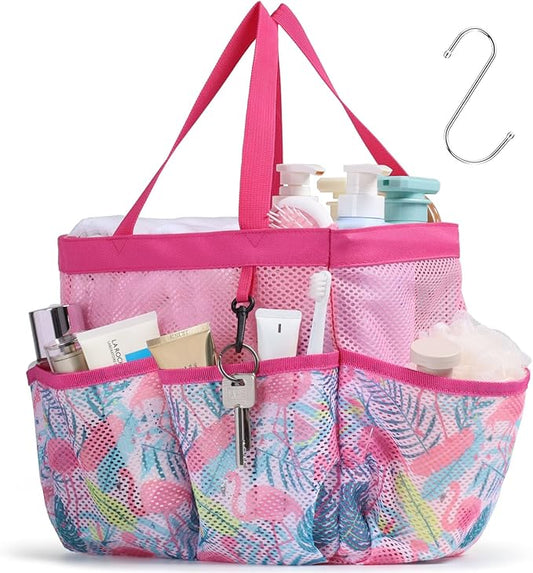 F-color Shower Caddy Portable - Mesh Shower Bag Basket Tote for College Dorm Room Essentials Bathroom Gym Camp Quick Dry for Women Men with S Hook, Pink Flamingo
