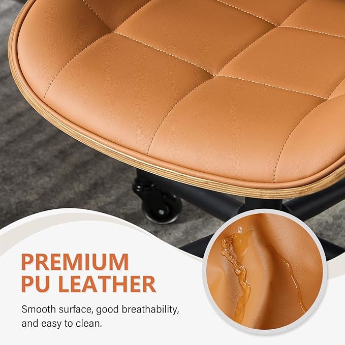 Home Office Desk Chair with Wheels, Adjustable Height Armless Office Chair, PU Leather Mid Back 360° Small Computer Chair, Modern Walnut Chair No Arms for Office, Reading Meeting Room(Brown)