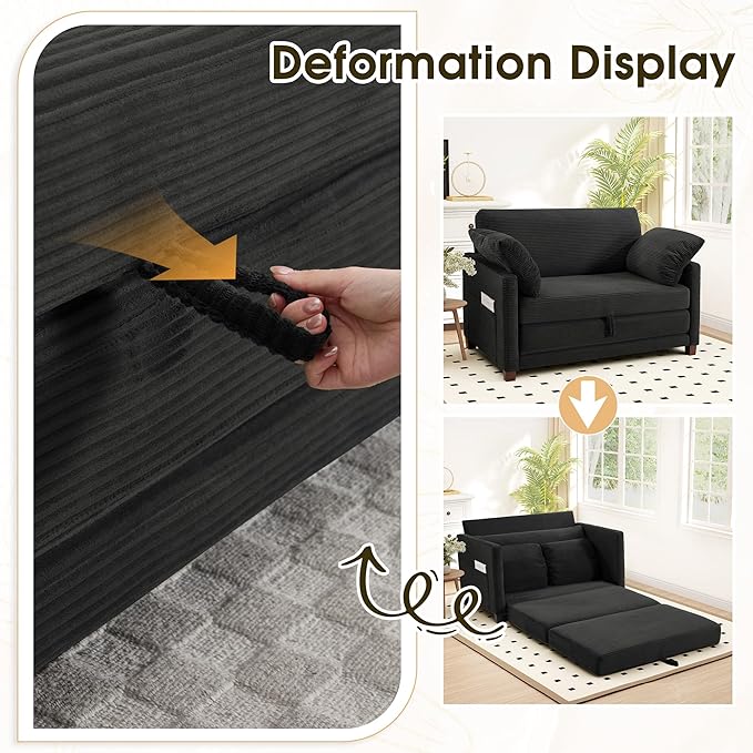 51" Convertible Loveseat Sofa Bed, 2-in-1 Folding Sofa Bed with 2 Pillow for Small Spaces, Modern Loveseat Sleeper Couch for Apartment, Living Room & Guest Room (Black Corduroy, 51 inch)