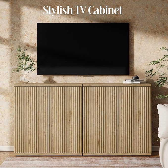 Fluted Buffet Cabinet Sideboard with Storage,Wooden Credenza with 2 Doors&Adjustable Shelve, Modern Accent Cabinets Coffee Bar Bookcase for Living Room,Kitchen Dining Room Entryway 15"D Natural Oak