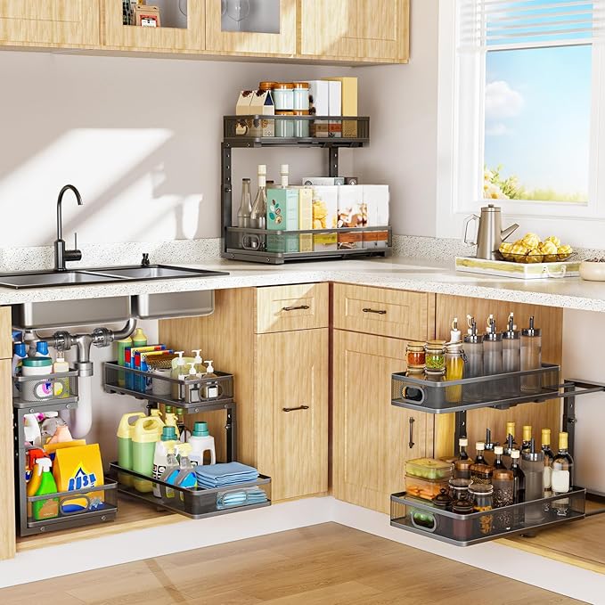 Under Sink Organizer, High Adjustable 2 Tier Under Sink Organizers and Storage, Slide Out Metal Cabinet Organizers, Pull Out Sink Storage Drawer Shelf for Kitchen Bathroom Cabinet, Black, 1 Pack