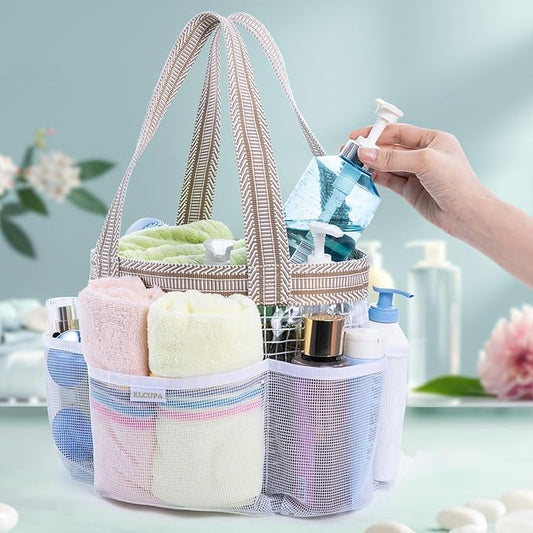 Mesh Shower Caddy Portable for College Dorm Room Essentials with Waterproof Phone Pouch, Shower Bag with Reinforced Bottom for Beach,Camping, Swimming,Gym, Quick Dry Toiletry Bag with 6 Pockets