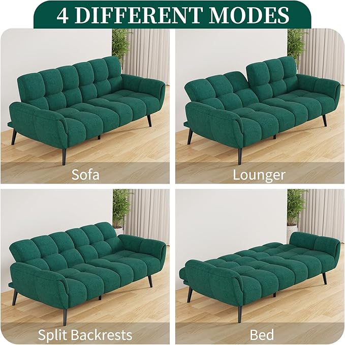 Futon Sofa Bed, Convertible 77" Modern Linen Futon Couch, Comfy Sleeper Sofa with Adjustable Backrests, Couch Bed for Small Spaces, Living Room, Bedroom, Apartment, Forest Green