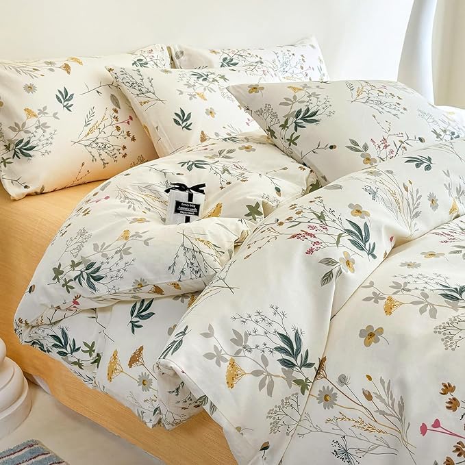 HighBuy Cotton 3 Piece Duvet Cover Full Yellow Floral Bedding Set Full Girls Botanical Coquette Comforter Cover with Zipper,Chic Garden Style Green Botanical Duvet Cover Set Vintage Soft