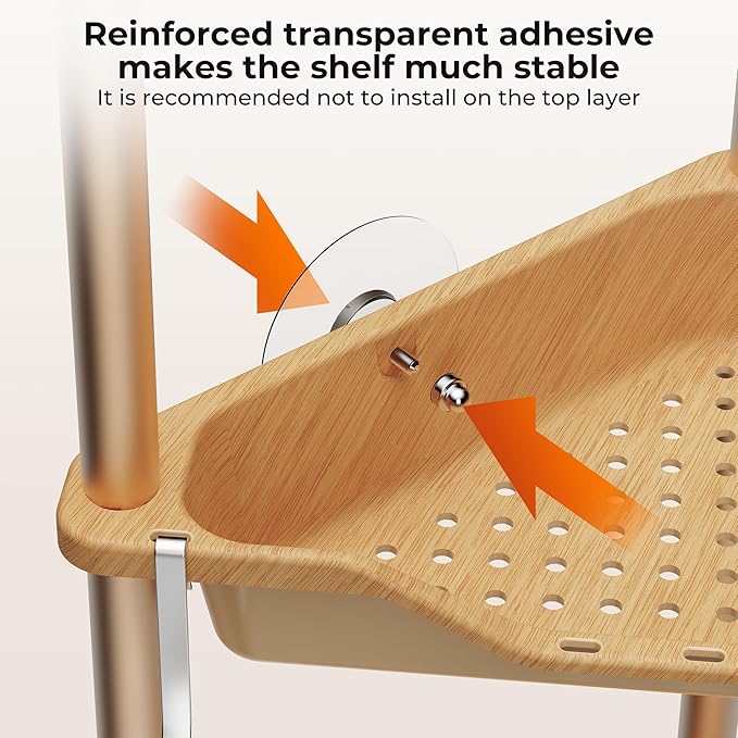 Orimade Rustproof 4 Tier Floor Standing Corner Shower Caddy Organizer, Plastic Aluminum Splicing Floor Corner Shelf Rack Storage Stands for Bathroom, Wood Grain Surface