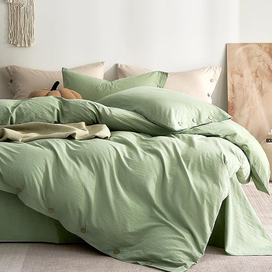 JELLYMONI 100% Washed Cotton Duvet Cover King – Soft, Breathable Linen-Look Bedding with Natural Wrinkle Texture, Button Closure, 3-Piece Set (Mint Green, 104"x90")