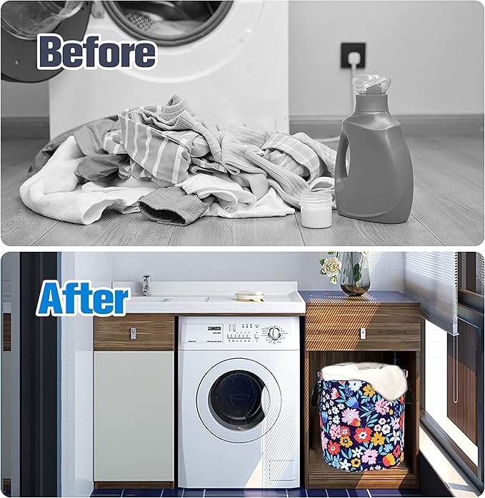 Folk Floral Art Laundry Basket Beautiful Flowers Foldable Oxford Cloth Funny Tote Bag Laundry Hamper Clothes Storage Bucket Organizer For Bathroom/Laundry Storage/Bedroom 17.7x13.7 Inch