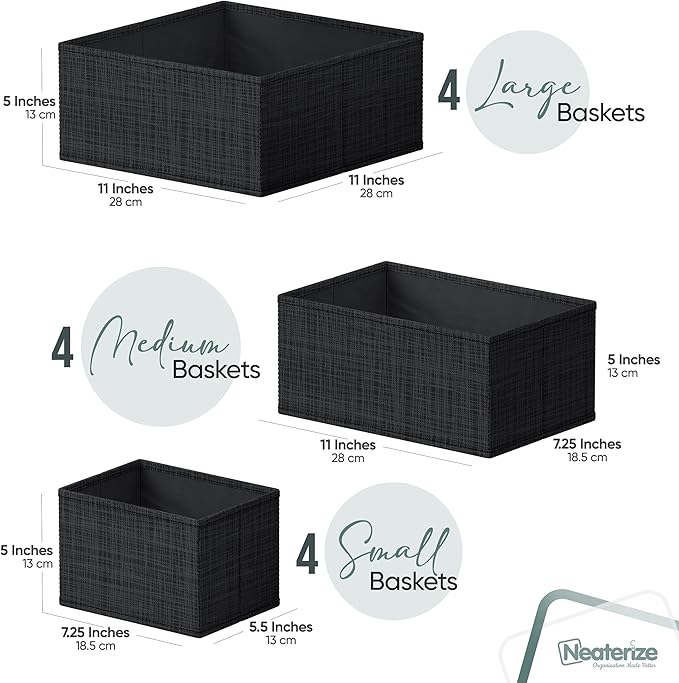 NEATERIZE Drawer Organizer Clothes Set of 12 Black - Dresser Organizer For Nursery, Bedroom, Closet