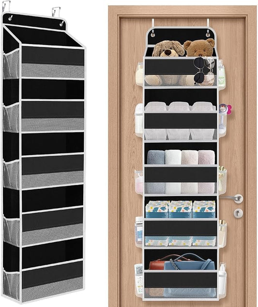1 Pack Over The Door Organizer, Hanging Storage Organizer with Clear Window, 40lb Ultra Sturdy Large Capacity Room Organizer for Pantry Laundry Bathroom Nursery Closet (Black)