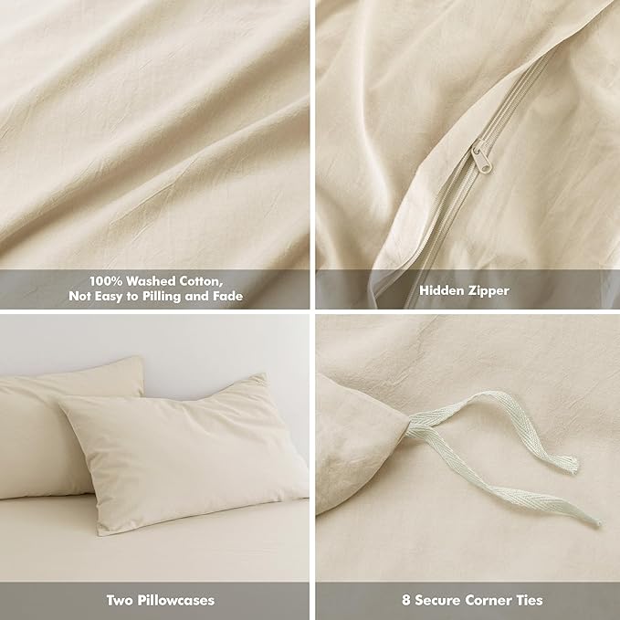 FOSSA Duvet Cover Set 100% Washed Cotton Linen Feel Super Soft Breathable Cozy 3 Pieces Bedding Sets Solid Almond Grey Oversized King Plus
