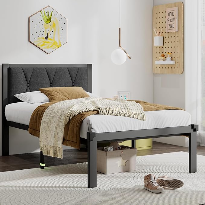 Twin Size Metal Bed Frame, Platform Bed with Upholstered Button Tufted Headboard, 12" Underbed Storage, Steel Slats Support, No Box Spring Needed, Easy Assembly, Noise-Free, Dark Grey