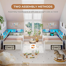 VIAGDO Corner Bed Frame with Storage Bookcase and 6 Drawers, Twin XL Metal Platform Corner Bed Frame with LED Lights and Charging Station, Twin XL Daybed for Kids Teenagers, White & Grey