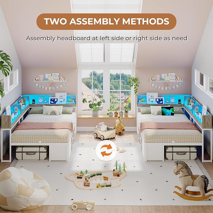 VIAGDO Corner Bed Frame with Storage Bookcase and 6 Drawers, Twin XL Metal Platform Corner Bed Frame with LED Lights and Charging Station, Twin XL Daybed for Kids Teenagers, White & Grey