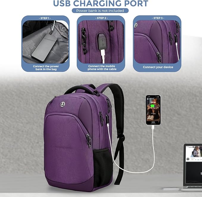 Swissdigital Design Business Laptop Backpack, College Laptops Backpack with USB Charging Port for Men and Women Fits 16 Inch Notebook, Purple | SD1670-51