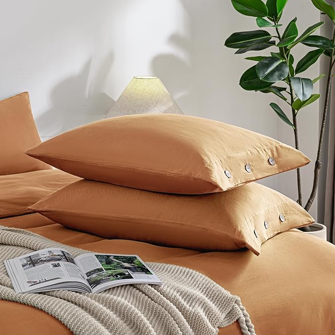 JELLYMONI Pillowcases Standard Set of 2 Cotton Button Pillow Covers 20×26in Caramel Bed Pillow Cases 100% Washed Cotton Soft Breathable (Pillows are not Included)