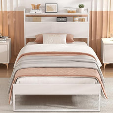 Elephance Twin Bed Frames,Metal Platform Bed Frame with 2-Tier Storage Headboard, No Box Spring Needed, Noise Free, Easy Assembly,White