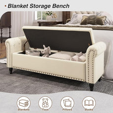 Bedroom Bench, End of Bed Bench with Storage, 55-Inch Bed Benches for Foot of Bed, Faux Leather Window Bench, Upholstered Storage Bench with Tufted Button and Nailhead Trim, Rolled Arms, Cream White