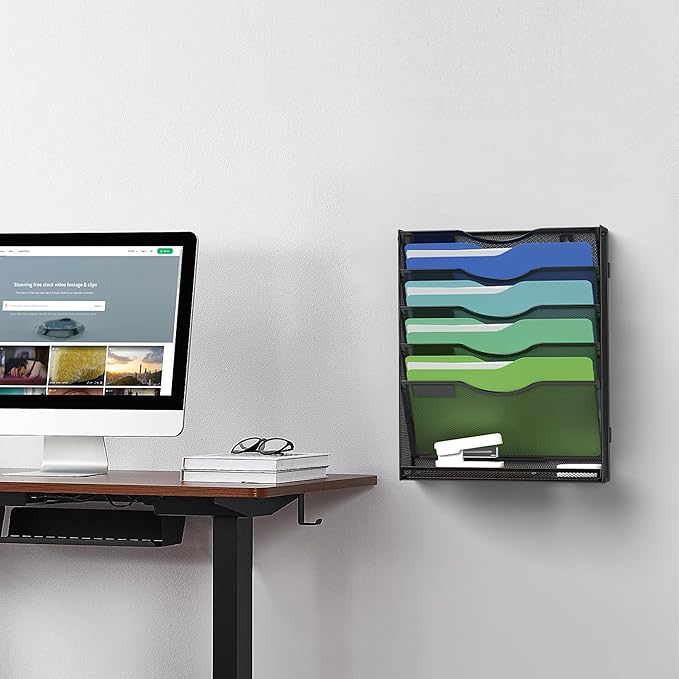Kuntine.B Wall File Organizer (Black, 6 Tier & Hangers)