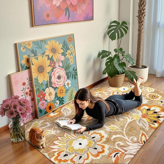 Lahome Floral Washable Living Room Carpet - 3x5 Throw Area Rug for Bedroom Non-Slip Lightweight Indoor Entryway Rugs, Tan Paisley Print Aesthetic Rug for Bathroom Laundry Dining Room Kithchen Office